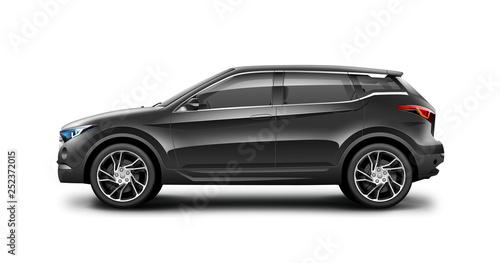 Black Generic SUV Car. Off Road Crossover On White Background. Side View With Isolated Path