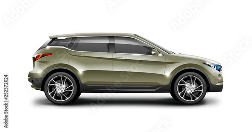 Khaki Generic SUV Car. Off Road Crossover On White Background. Side View With Isolated Path