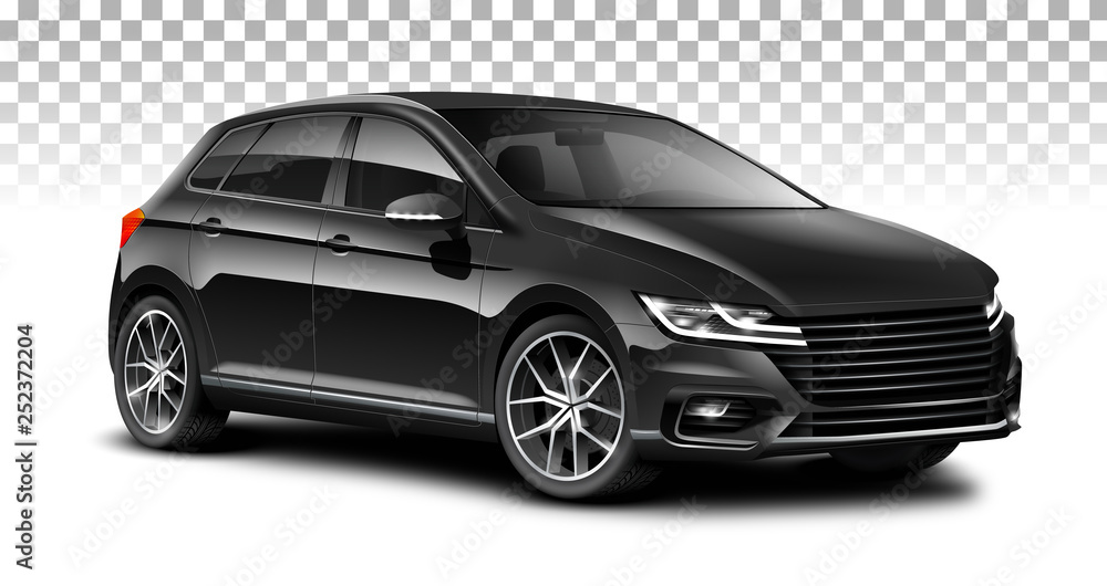 Black Hatchback Generic Car. City Car With Glossy Surface With Isolated Path