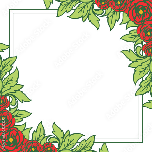 Vector illustration frame flower red and leaf green blooms for card hand drawn