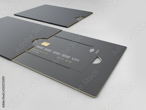 Black blank credit cards mockup on gray background. 3d illustration