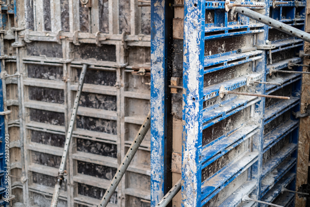 construction of the building, concrete pouring of metal reinforcement cages of foundations