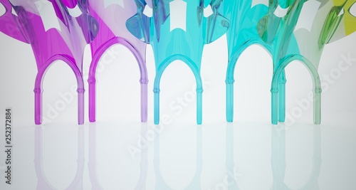 Abstract white and colored gradient smooth glasses gothic interior. 3D illustration and rendering.