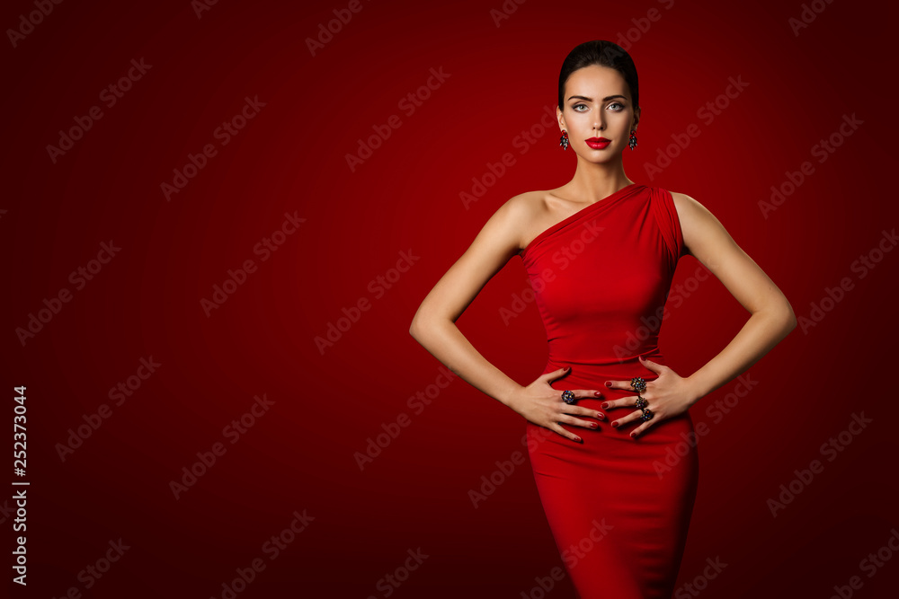 Woman Red Dress, Model Gown, Young Girl Beauty Portrait over Red Background Stock-foto | Adobe Stock