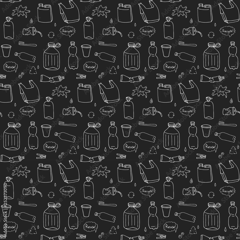 Seamless pattern of hand drawn doodle Stop plastic pollution icons Vector illustration sketchy symbols Cartoon elements Bag Bottle Recycle sign Package Disposal waste Contamination disposable dish Seamless pattern of hand drawn doodle Stop plastic pollution icons Vector illustration sketchy symbols Cartoon elements Bag Bottle Recycle sign Package Disposal waste Contamination disposable dish