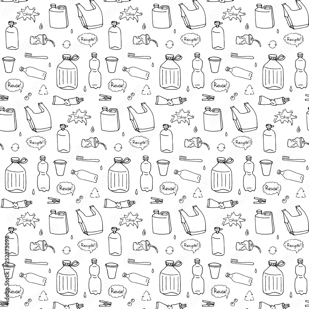 Seamless pattern of hand drawn doodle Stop plastic pollution icons Vector illustration sketchy symbols Cartoon elements Bag Bottle Recycle sign Package Disposal waste Contamination disposable dish Seamless pattern of hand drawn doodle Stop plastic pollution icons Vector illustration sketchy symbols Cartoon elements Bag Bottle Recycle sign Package Disposal waste Contamination disposable dish