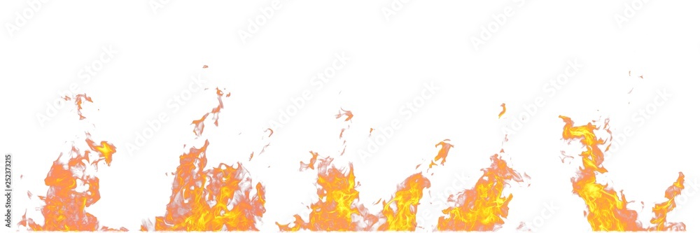 Real fire flames isolated on white background. Mockup on white of 5 flames. Real fire flames isolated on white background. Mockup on white of 5 flames.