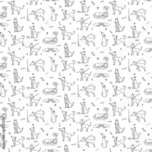 Seamless pattern with hand drawn doodle set of cute dogs Vector illustration set Cartoon normal everyday home pets activities symbols Sketchy fun puppy collection howl play sleep walk eat ask for food