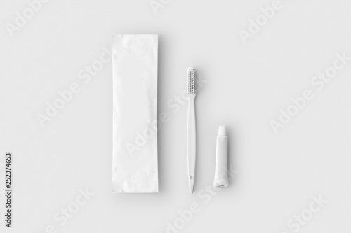 Dental cleaning tools.Toothpaste  toothbrush  mouthwash on soft gray background. 3D rendering
