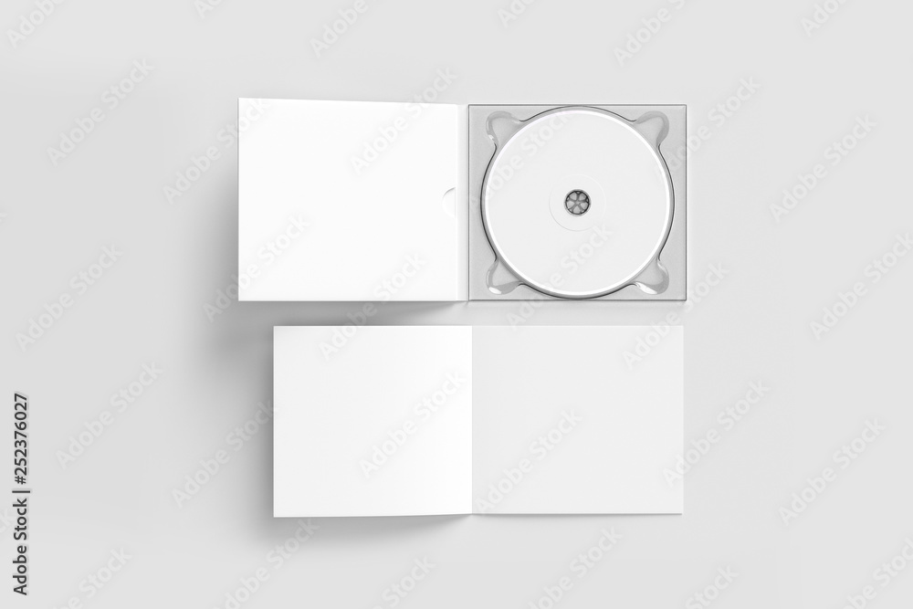 CD disc and carton packaging cover template mock up. Digipak case of cardboard CD drive. With white blank for branding design or text. isolated on soft gray background.High resolution 3d illustration. - obrazy, fototapety, plakaty 
