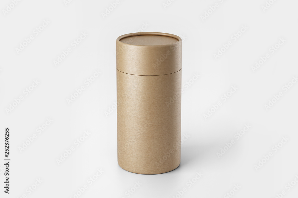Kraft Brown paper tube tin can packaging Mockup isolated on soft gray