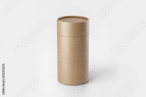 Kraft Brown paper tube tin can packaging Mock-up isolated on soft gray background.