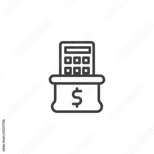Money bag and calculator line icon. linear style sign for mobile concept and web design. money counting outline vector icon. Financial statements symbol, logo illustration. Pixel perfect vector 