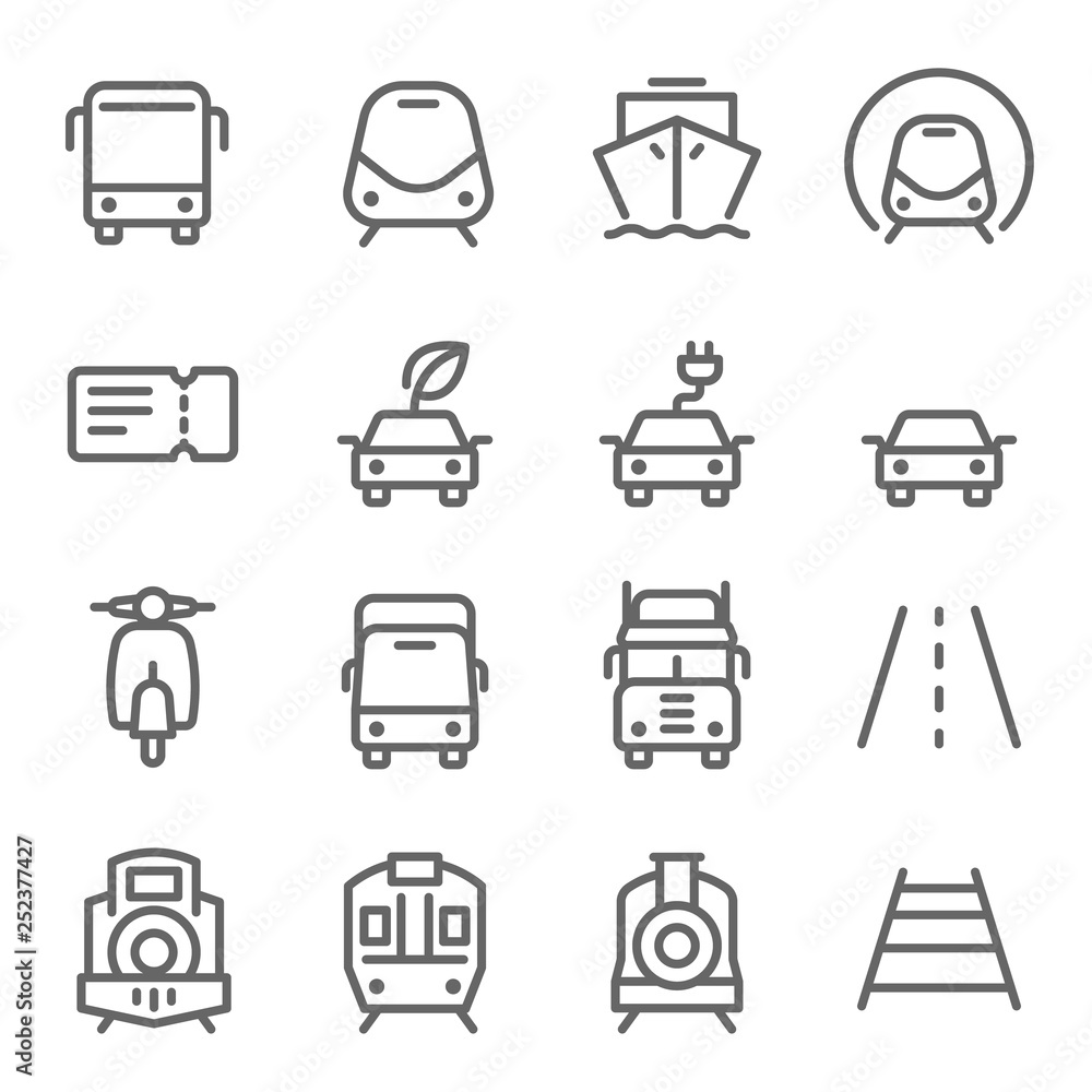 Transportation Vector Line Icon Set. Contains such Icons as Subway, Train, Eco Car, Truck and more. Expanded Stroke Transportation Vector Line Icon Set. Contains such Icons as Subway, Train, Eco Car, Truck and more. Expanded Stroke