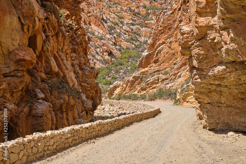 S-curve gravel road carved into orange colored rocky canyon
