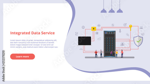 integrated data service concept with people for website design template banner server and secure icon database - vector illustration