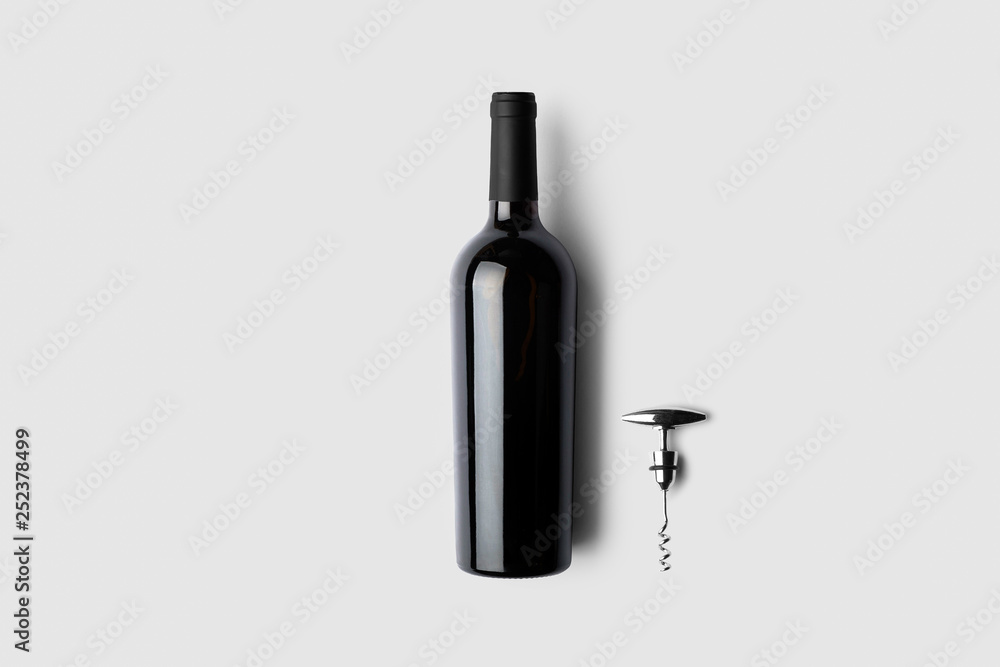 Red wine bottle and corkscrew on soft gray background.3D illustration - obrazy, fototapety, plakaty 