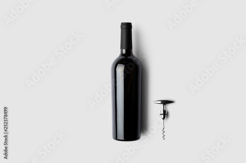 Red wine bottle and corkscrew on soft gray background.3D illustration