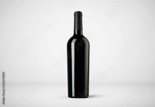 Red wine bottle mock-up on soft gray background.3D illustration