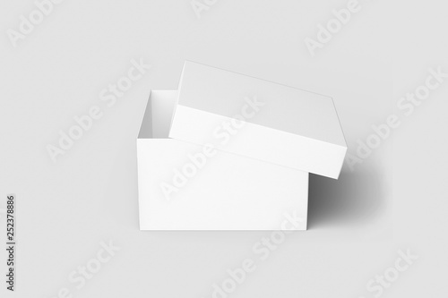 Blank shoe box, isolated on soft gray background. Mockup for your design. 3D illustration