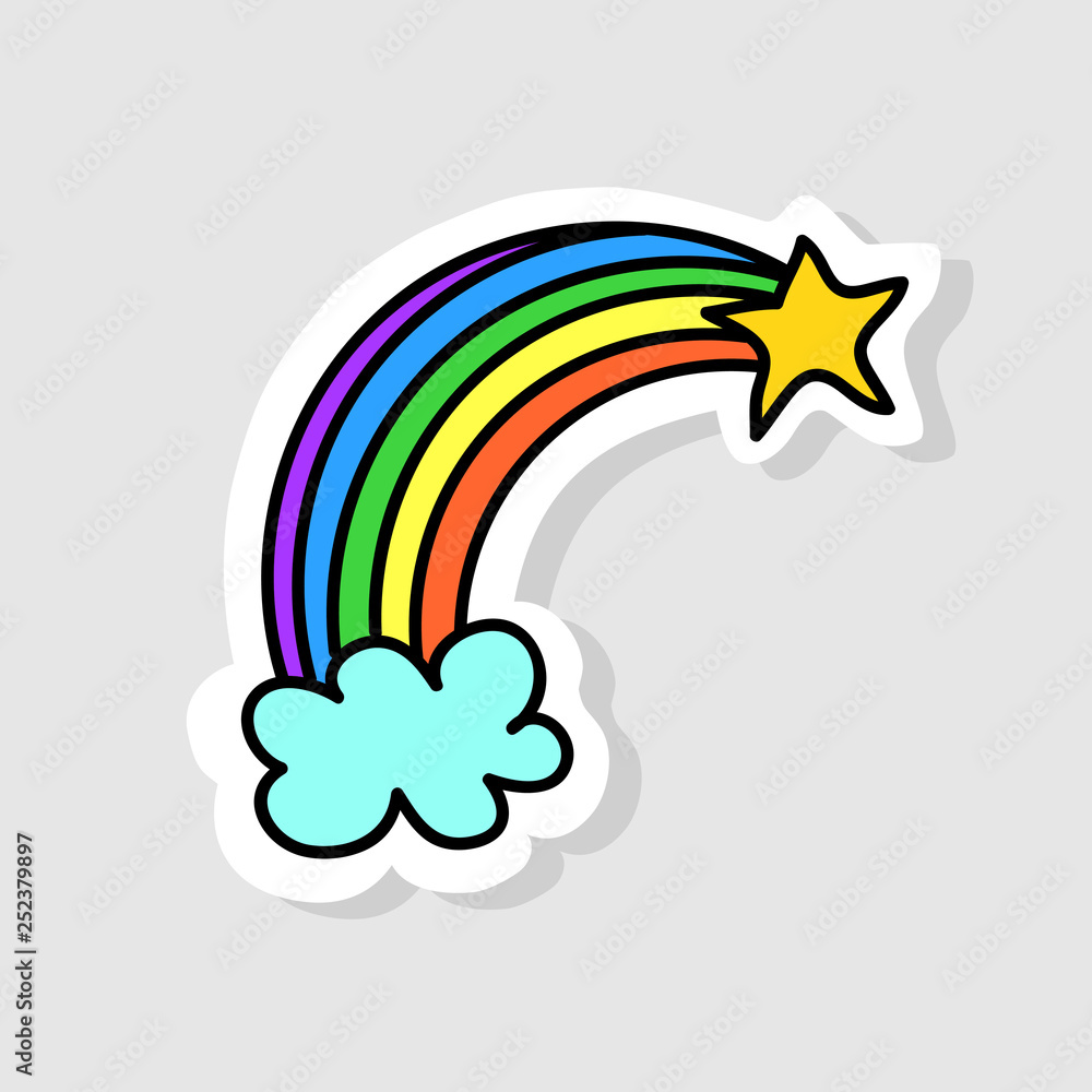 Isolated image for badge, sticker or patch. Vector illustration. The rainbow begins with a cloud and ends with a star