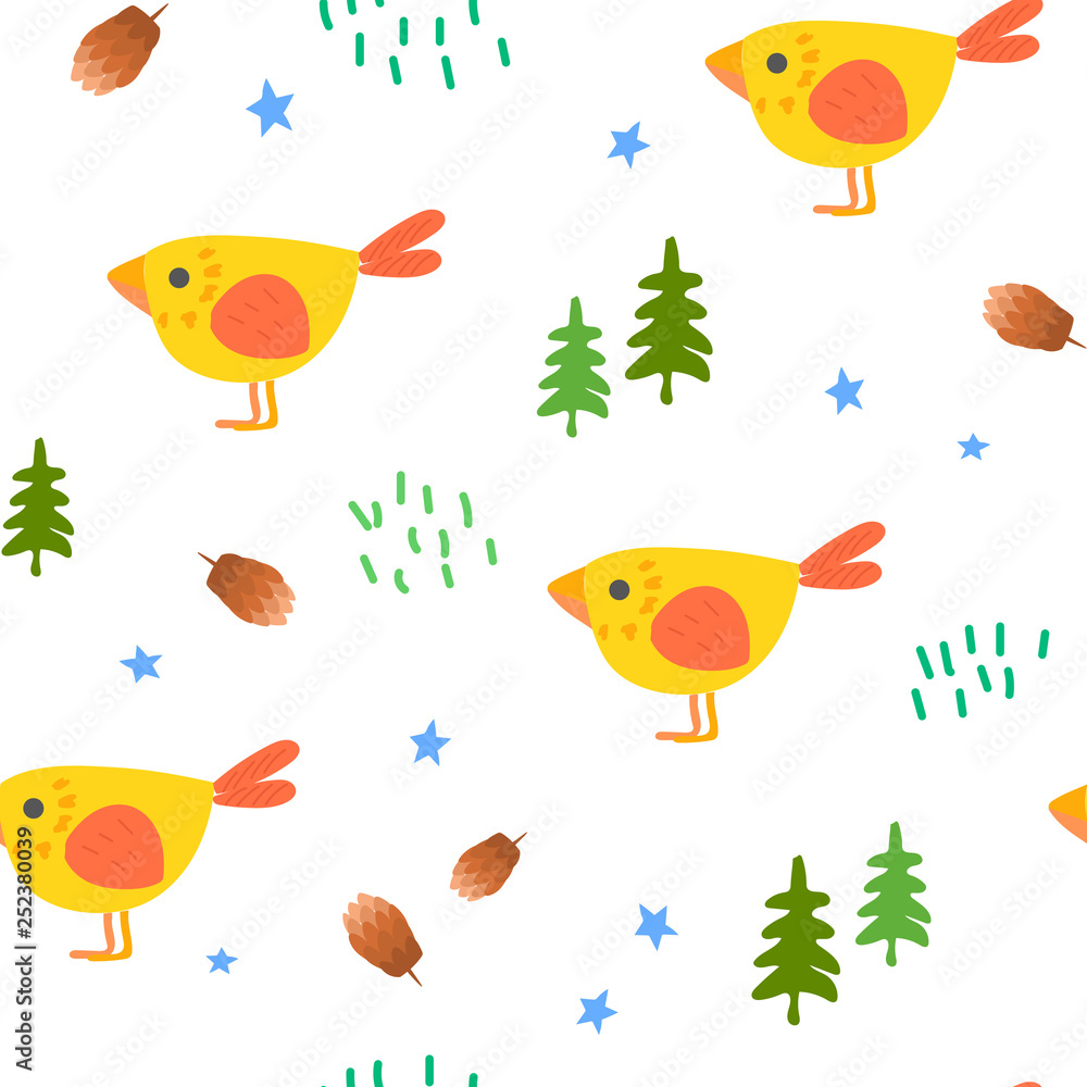 Obraz premium Funny birds among the forest thicket. Cute children's seamless pattern. Bright ornament is great for prints, textiles, covers, gift wrappers, backdrops.