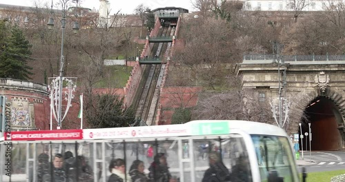 BUDAPEST, HUNGARY - JANUARY 17, 2019 : Budapest Funicular railway Margit cable car and city traffic time lapse