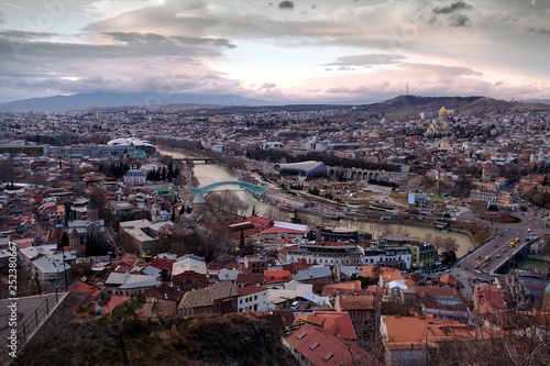 Tbilisi city panorama. River Kura, and the Bridge of Peace