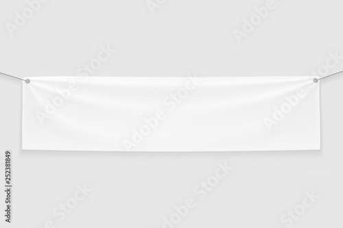 Empty white Banner Mock up with folds on ropes.Isolated on light gray background.3D rendering.