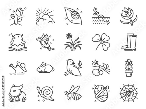 Spring line icon set. Included icons as springtime, season, new born, flower, blooming and more.