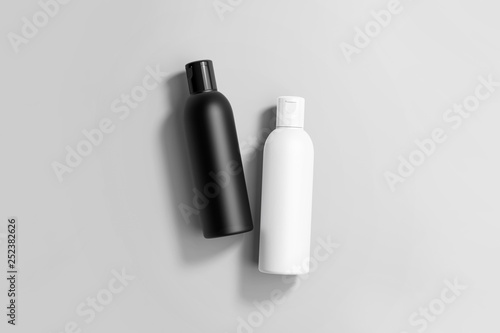 Cosmetic glossy plastic Bottles for shampoo, shower gel, lotion, body milk, bath foam isolated on white. Realistic packaging Mockup template.3D rendering.