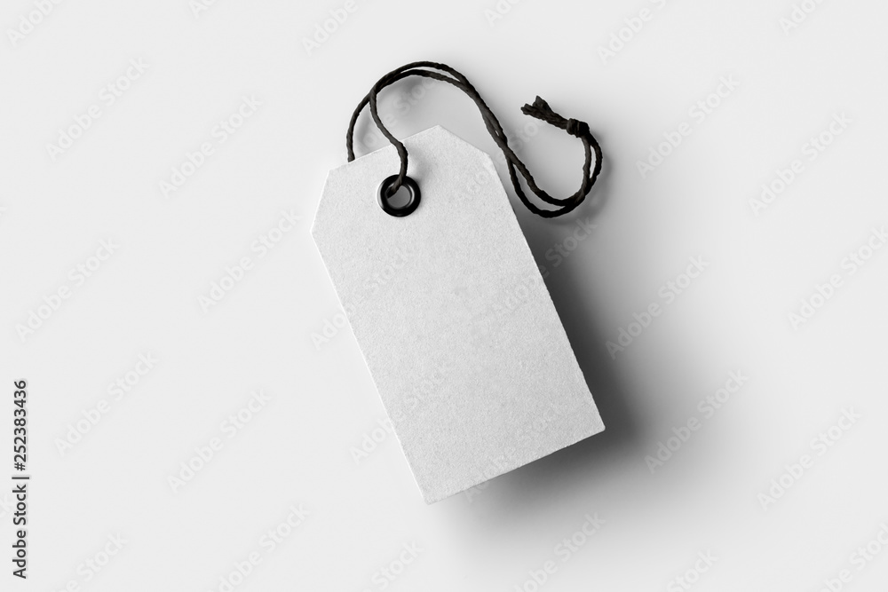 Blank paper label or cloth tags Mock-up isolated on soft gray background. - obrazy, fototapety, plakaty 