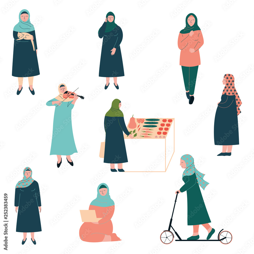 Muslim Woman Lifestyle Set, Modern Arab Girls Characters in Traditional Clothing in Different Situations Vector Illustration