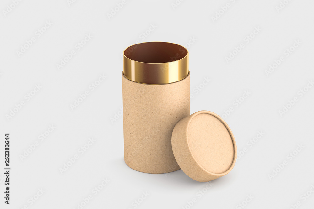 Kraft Brown paper tube tin can packaging Mockup isolated on soft gray