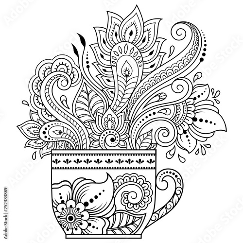 Stylized with henna tattoos decorative pattern in form of cup of coffee for decorating covers for book, notebook, casket and magazine. Flower in mehndi style in eastern tradition. Coloring book page.