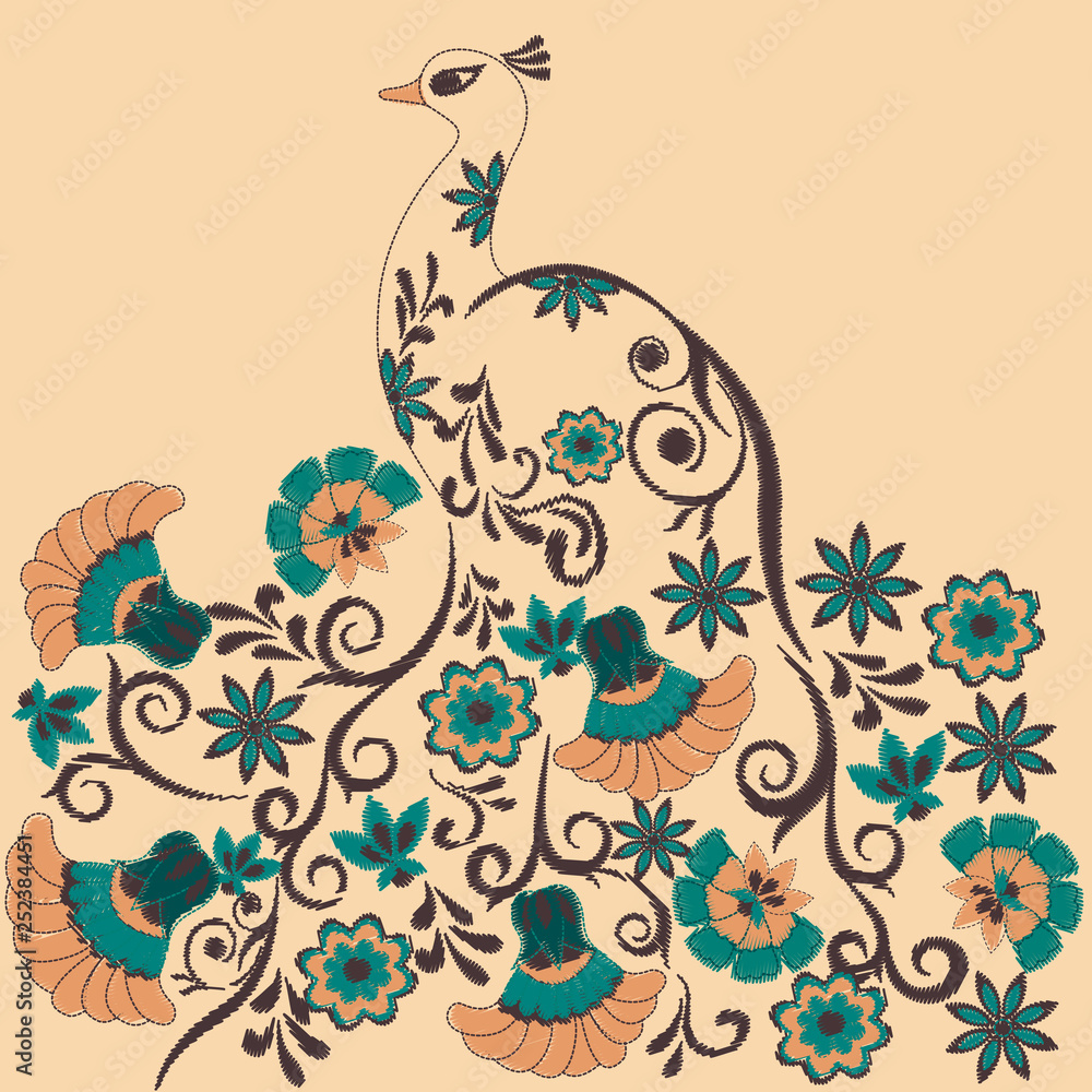 pattern with embroidered peacock and flowers pattern with embroidered peacock and flowers