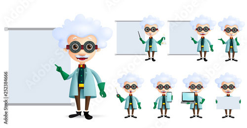 Genius scientist vector character set. Old inventor or professor teaching or showing formula and laboratory lesson in empty white board and screen isolated in white. Vector illustration.