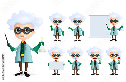 Scientist character vector set. Genius chemist professor teaching and experimenting different formula and inventions in empty whiteboard isolated in white. Vector Illustration.