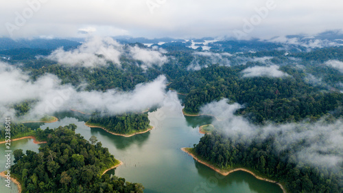 A beautiful landscape of aerial view at Royal Belum Malaysia with the fog surrounding the hill area