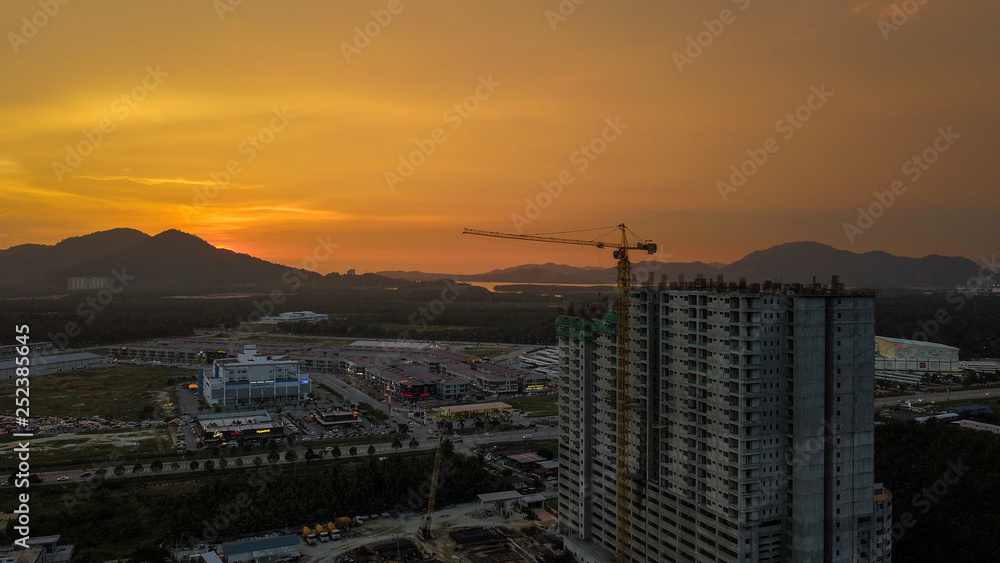  Aerial view sunset near the building that is being built in Malaysia
