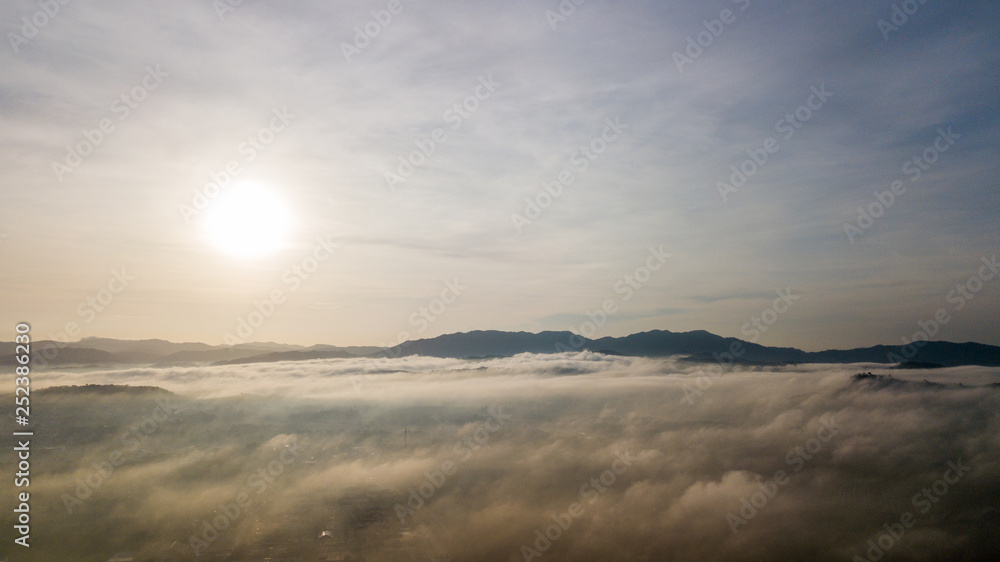 Aerial view landscape at the hill in Kedah surround with the fog