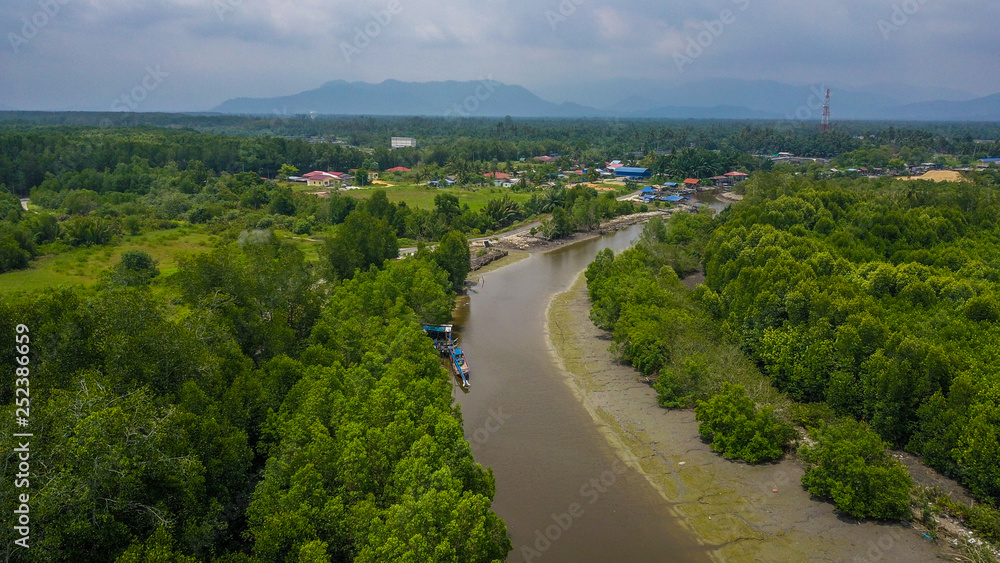 Aerial view of the fishermen village in Kuala Spetang Malaysia. A view boat from above taking by drone