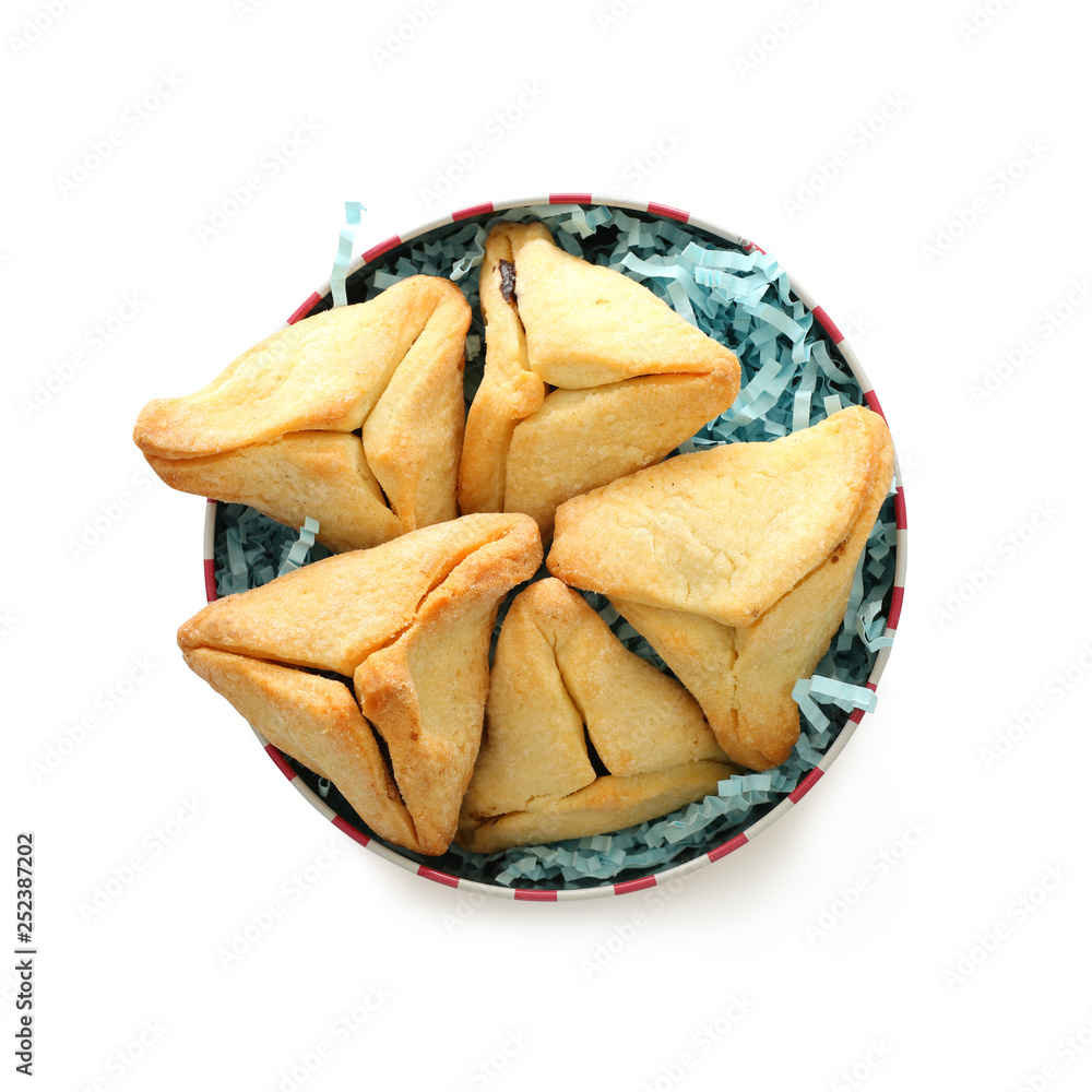 Purim celebration concept (jewish carnival holiday). Hamantaschen cookies isolated on white