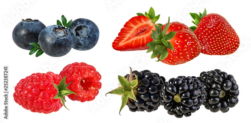 Collage of fresh berries isolated on white background with clipping path