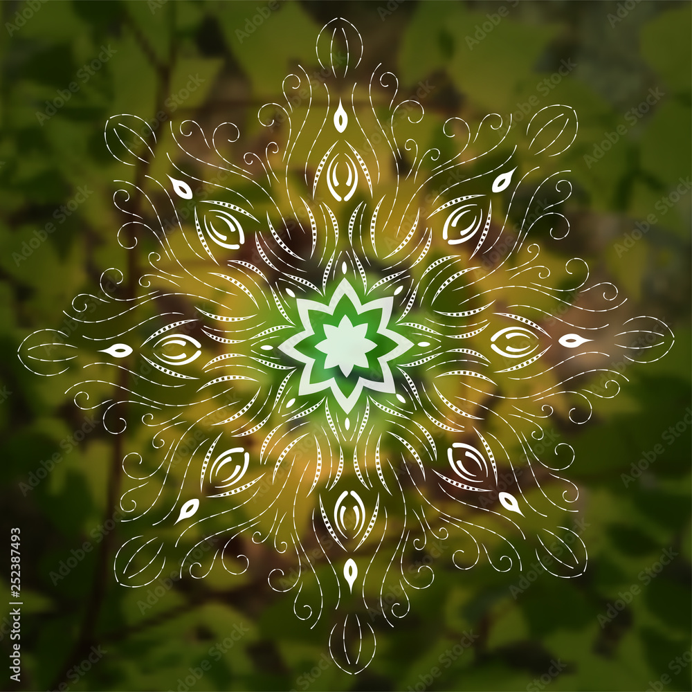 Mandala on green leaves nature background. Vector boho mandala