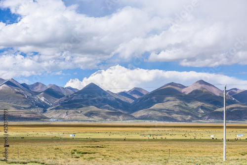 View of grass filed on east side of the  Nyenchen Tanglha Mountains range in Damxung(Dangxiaong) County, Lhasa, Tibet, China. photo