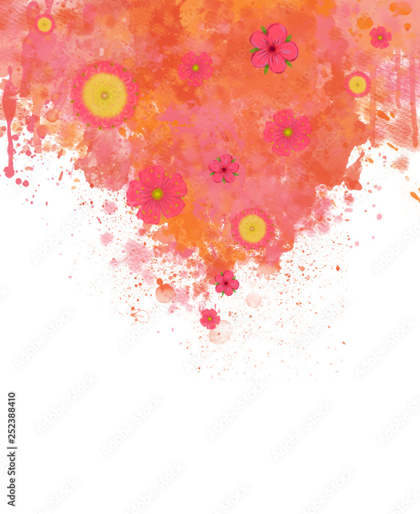 Abstract Coral Watercolor Splash with Flowers, and Text Space. Digital Art Painting.