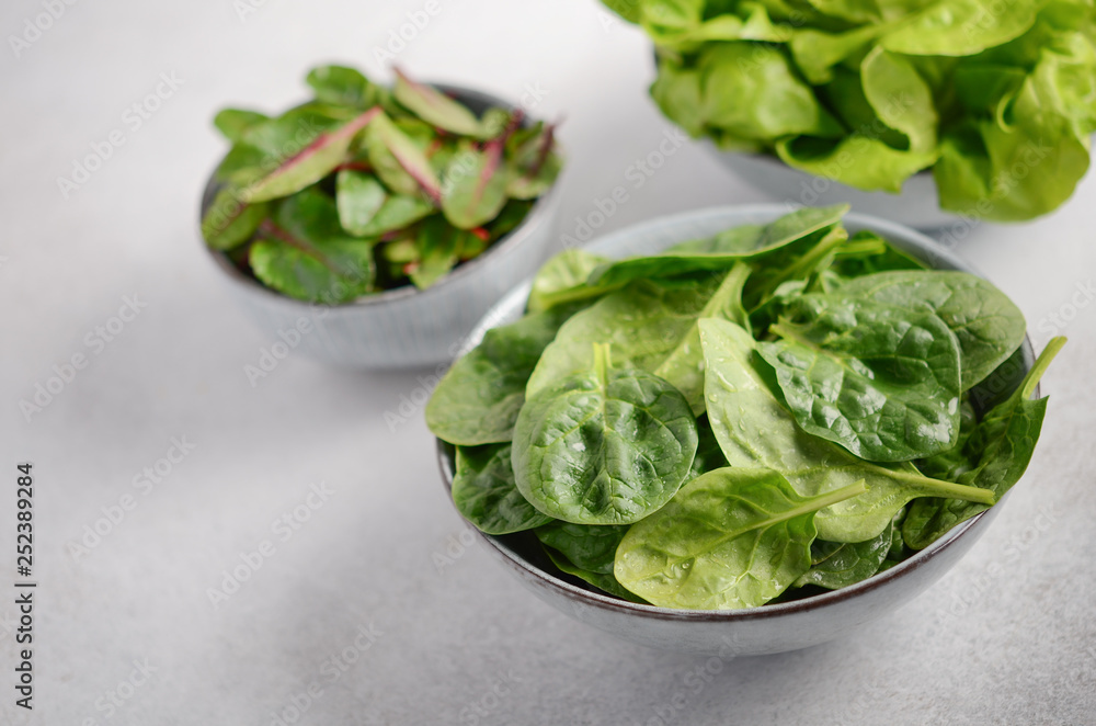 Fresh green salad leaves in a bowls on a gray concrete background, selective focus. Fresh green salad leaves in a bowls on a gray concrete background, selective focus.