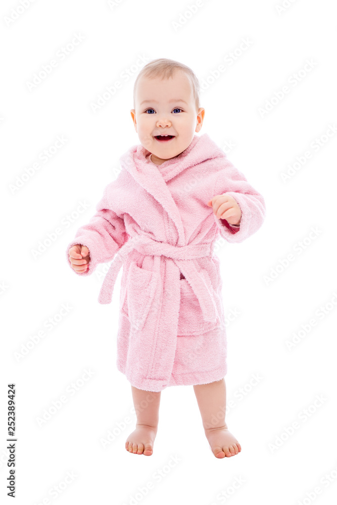 cute baby girl in pink bathrobe after bath standing isolated on white cute baby girl in pink bathrobe after bath standing isolated on white
