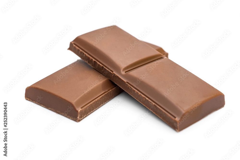 Pieces of chocolate bar on white. Pieces of chocolate bar on white.